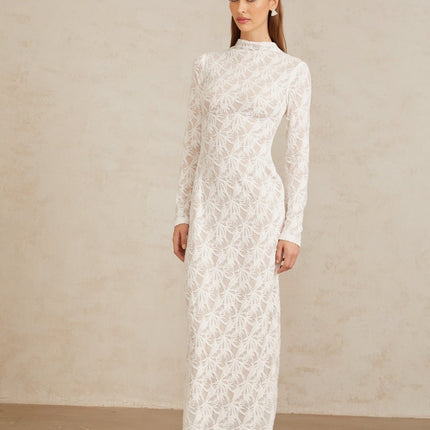 Angela White Crochet Lace Maxi Dress Floral Jacquard Pattern