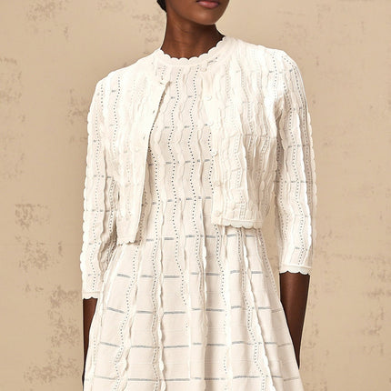 Angela White Knitted Cardigan with Scalloped Hem and Ruffled Detailing
