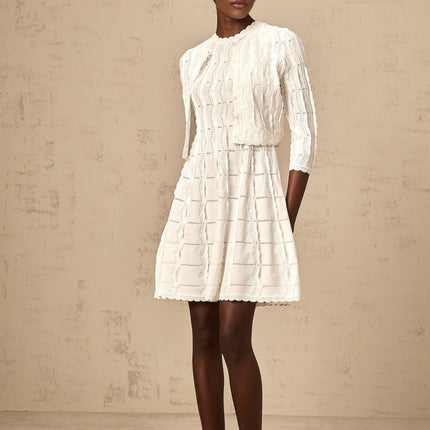 Angela White Knitted Cardigan with Scallop Hem and Ruffled Detailing