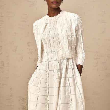 Angela White Knitted Cardigan with Scalloped Hem and Ruffled Detailing