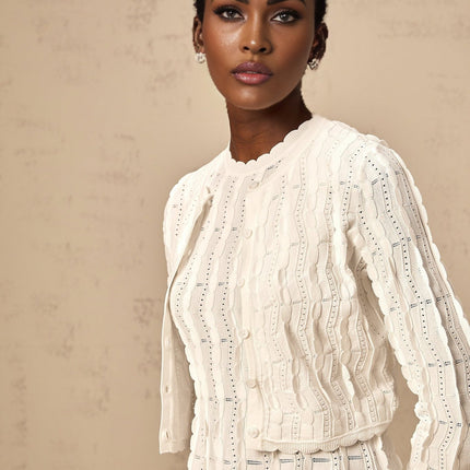 Angela White Knitted Cardigan with Scalloped Hem and Ruffled Detailing