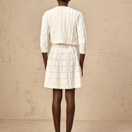 Angela White Knitted Cardigan with Scalloped Hem and Ruffled Detailing