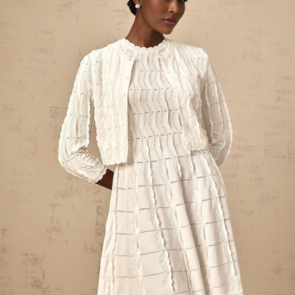 Angela White Knitted Cardigan with Scalloped Hem and Ruffled Detailing