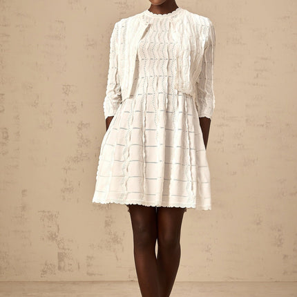 Angela White Knitted Cardigan with Scallop Hem and Ruffled Detailing