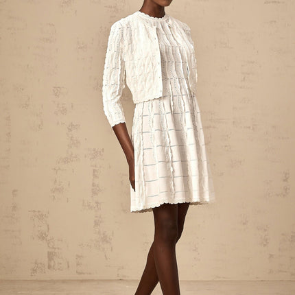 Angela White Knitted Cardigan with Scalloped Hem and Ruffled Detailing