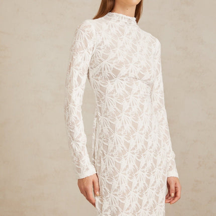 Angela White Crochet Lace Maxi Dress Floral Jacquard Pattern Mock Neck Long Sleeves Straight Hem Rear Zip Fastening Terylene Fiber Luxury