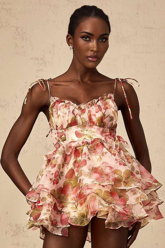 Angèle strawberryprint tiered mini dress