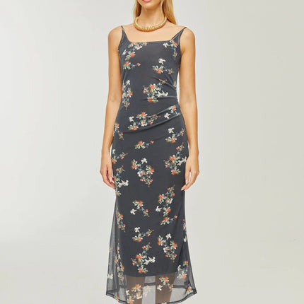 Angelica Black Floral Midi Dress Polyester Silk Spaghetti Straps Square Neck Low-Cut Back Rear Slit Sleeveless Midi Length