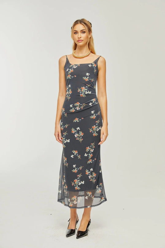 Angelica Black Floral Midi Dress Polyester Silk Spaghetti Straps Square Neck Low-Cut Back Rear Slit Sleeveless Midi Length