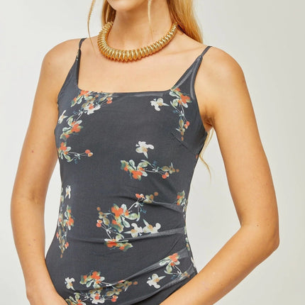 Angelica Black Floral Midi Dress Polyester Silk Spaghetti Straps Square Neck Sleeveless Rear Slit Detail