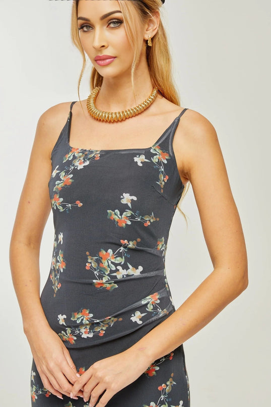Angelica Black Floral Midi Dress Polyester Silk Spaghetti Straps Square Neck Sleeveless Rear Slit Detail
