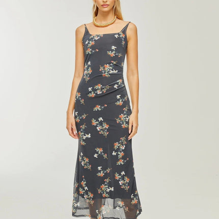 Angelica Black Floral Midi Dress Polyester Silk Spaghetti Straps Square Neck Floral Print Low-Cut Back Rear Slit Sleeveless Midi Length