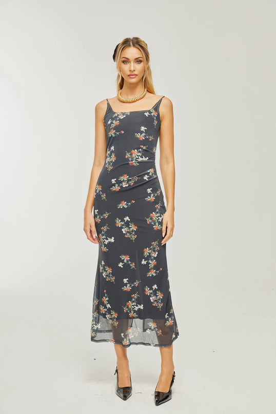 Angelica Black Floral Midi Dress Polyester Silk Spaghetti Straps Square Neck Floral Print Low-Cut Back Rear Slit Sleeveless Midi Length