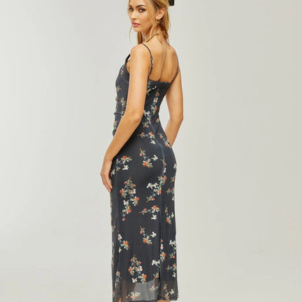 Angelica Black Floral Midi Dress Polyester Silk Square Neck Spaghetti Straps Low-Cut Back Rear Slit Sleeveless Midi Length