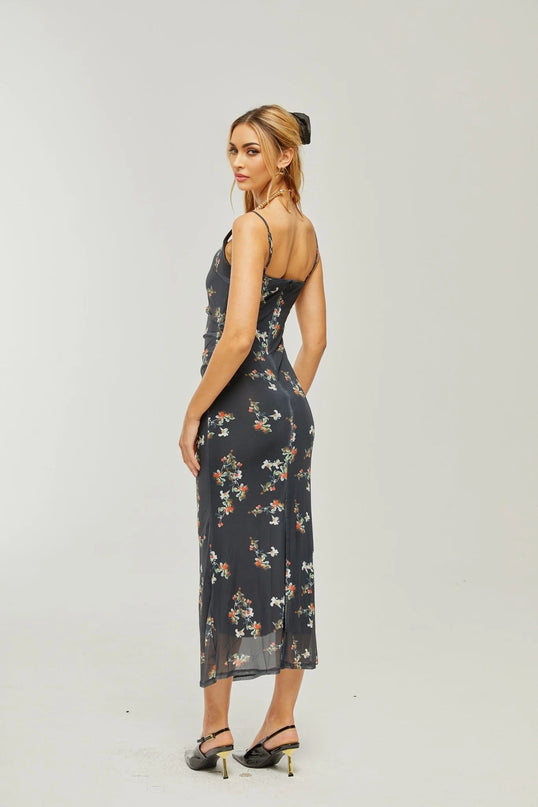 Angelica Black Floral Midi Dress Polyester Silk Square Neck Spaghetti Straps Low-Cut Back Rear Slit Sleeveless Midi Length