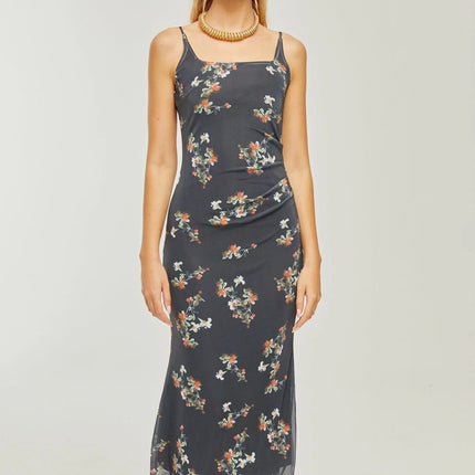 Angelica Black Floral Midi Dress in Polyester Silk Blend Square Neck and Spaghetti Straps for Women