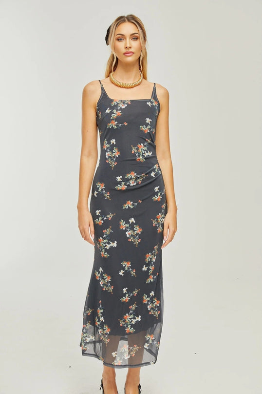 Angelica Black Floral Midi Dress in Polyester Silk Blend Square Neck and Spaghetti Straps for Women