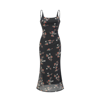 Angelica Black Floral Midi Dress Polyester Silk Square Neck Spaghetti Straps Sleeveless Rear Slit Detail