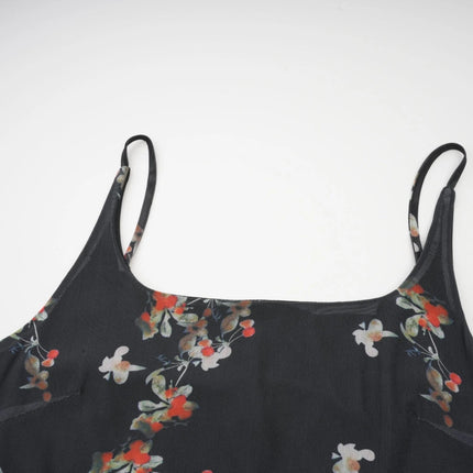 Angelica Black Floral Midi Dress Polyester Silk Square Neck Spaghetti Straps Low-Cut Back Rear Slit Sleeveless Midi Length