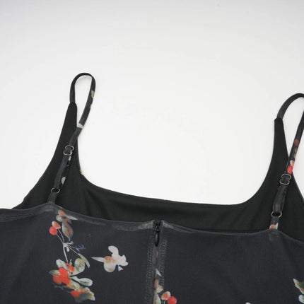 Angelica Black Floral Midi Dress in Polyester Silk Blend Spaghetti Straps Square Neck Sleeveless Low-Cut Back Rear Slit Detail