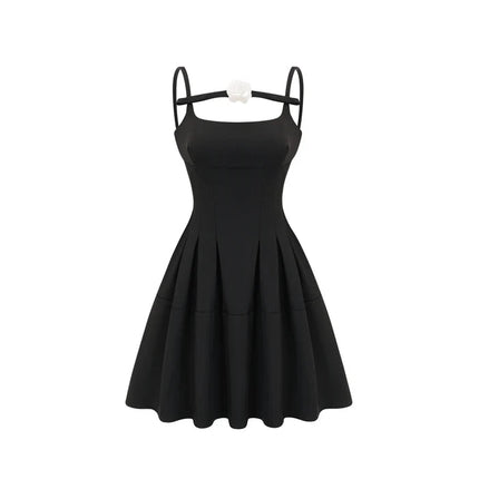 Angelica Black Mini Dress Square Neck Open Back Sleeveless Spaghetti Straps Pleated Skirt Polyester