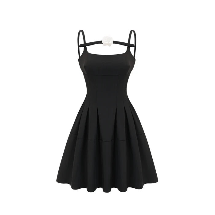 Angelica Black Mini Dress Square Neck Open Back Sleeveless Spaghetti Straps Pleated Skirt Polyester