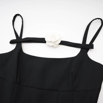 Angelica Black Mini Dress Square Neck Open Back Sleeveless Spaghetti Straps Pleated Skirt Polyester Luxury Quality