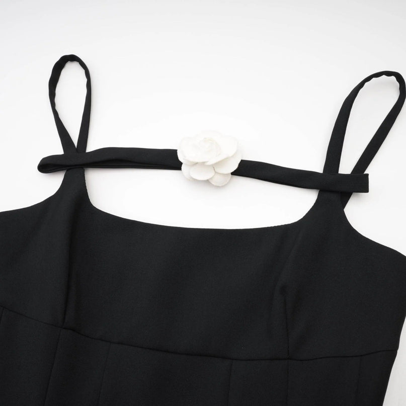 Angelica Black Mini Dress Square Neck Open Back Sleeveless Spaghetti Straps Pleated Skirt Polyester Luxury Quality