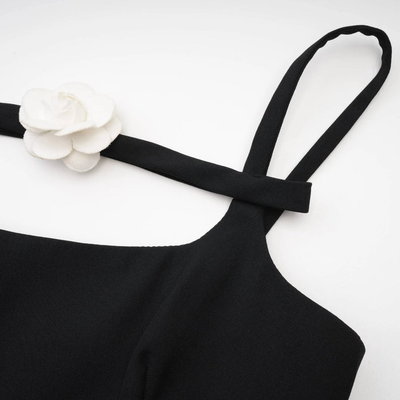 Angelica Black Mini Dress Square Neck Open Back Sleeveless Spaghetti Straps Pleated Skirt Polyester Luxury Quality