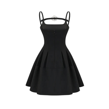 Angelica Black Mini Dress square neck open back sleeveless spaghetti straps pleated skirt 100% Polyester luxury quality elegance charm grace fluidity chic style playfulness