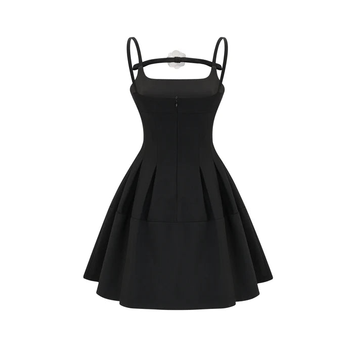 Angelica Black Mini Dress square neck open back sleeveless spaghetti straps pleated skirt 100% Polyester luxury quality elegance charm grace fluidity chic style playfulness