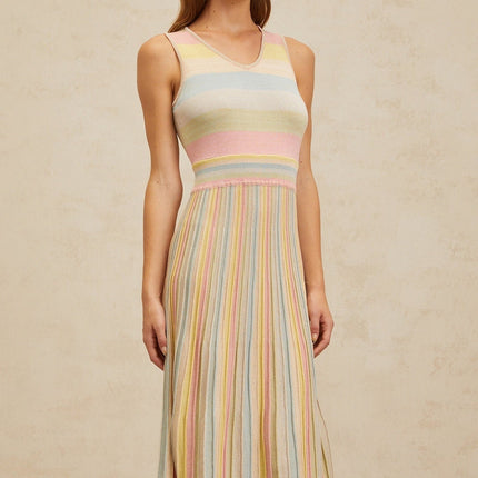 Angelica Blue Striped Cut-out Pleated Midi Dress