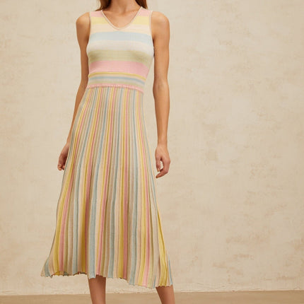 Angelica Blue Striped Cut-out Pleated Midi Dress