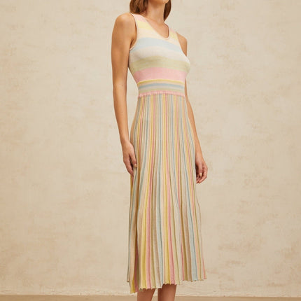 Angelica Blue Striped Cut-out Pleated Midi Dress