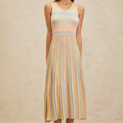 Angelica Blue Striped Cut-out Pleated Midi Dress