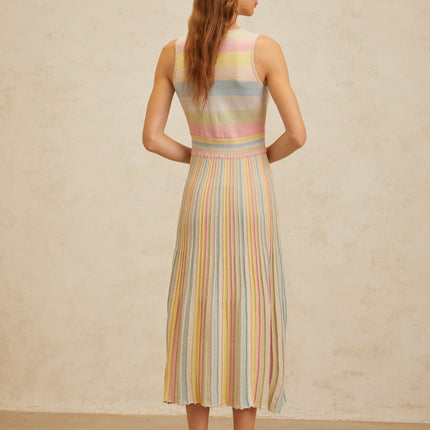 Angelica Blue Striped Cut-out Pleated Midi Dress