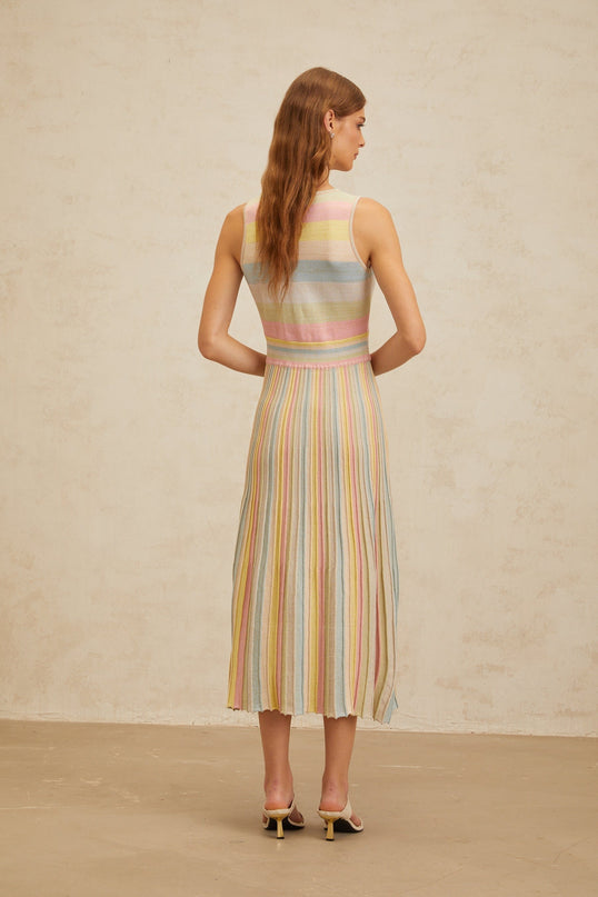 Angelica Blue Striped Cut-out Pleated Midi Dress