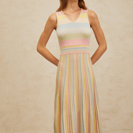 Angelica Blue Striped Cut-out Pleated Midi Dress