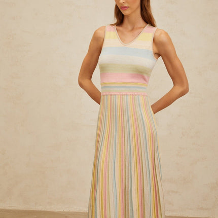 Angelica Blue Striped Cut-out Pleated Midi Dress