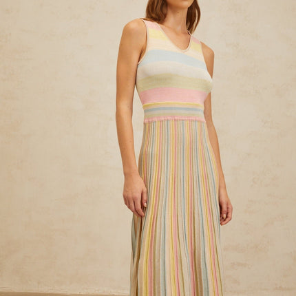 Angelica Blue Striped Cut-out Pleated Midi Dress
