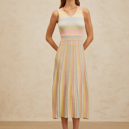 Angelica Blue Striped Cut-out Pleated Midi Dress