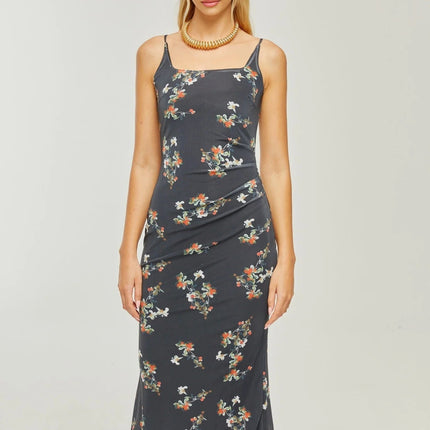 Angelica Black Floral Midi Dress Polyester Silk Square Neck Spaghetti Straps Low-Cut Back Rear Slit Sleeveless Chic Elegant Sophisticated Graceful Modern Muse Romantic Timeless Statement Piece Day Evening Style Confidence