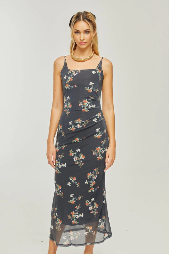 Angelica Black Floral Midi Dress Polyester Silk Square Neck Spaghetti Straps Low-Cut Back Rear Slit Sleeveless Chic Elegant Sophisticated Graceful Modern Muse Romantic Timeless Statement Piece Day Evening Style Confidence