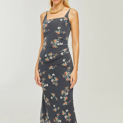Angelica Black Floral Midi Dress Polyester Silk Square Neck Spaghetti Straps Sleeveless Rear Slit Detail Modern Muse Elegant Sophisticated Graceful Chic