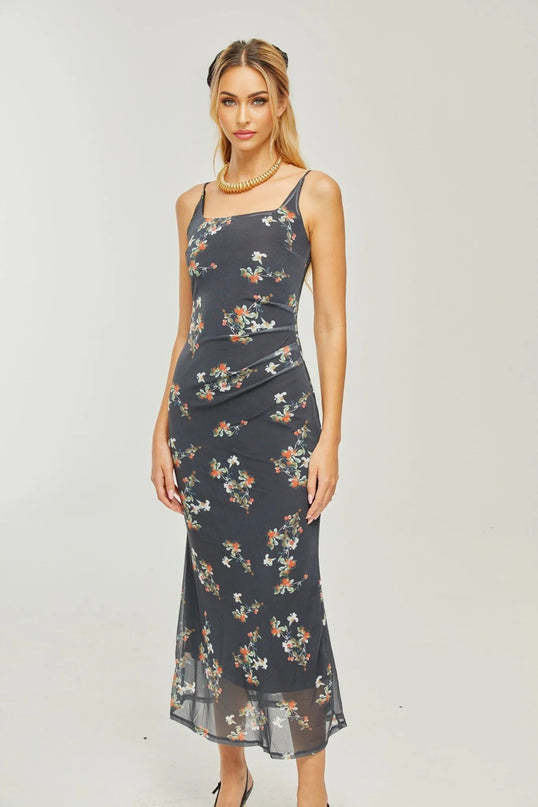 Angelica Black Floral Midi Dress Polyester Silk Square Neck Spaghetti Straps Sleeveless Rear Slit Detail Modern Muse Elegant Sophisticated Graceful Chic