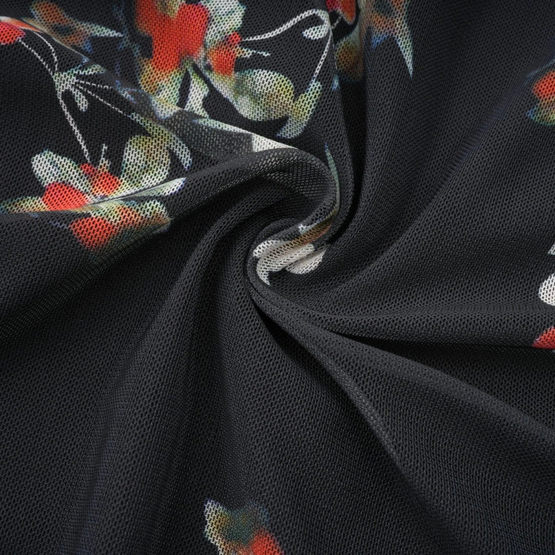Angelica Black Floral Midi Dress Polyester Silk Square Neck Spaghetti Straps Low-Cut Back Rear Slit Sleeveless Midi Length