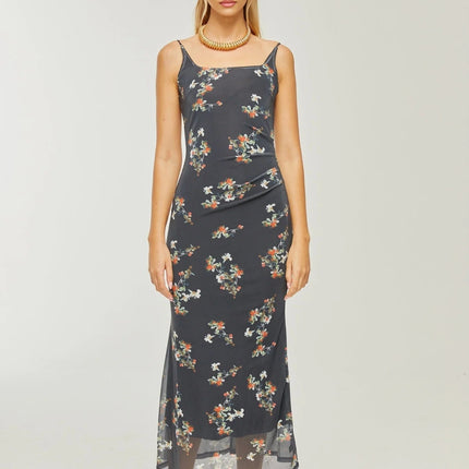 Angelica Black Floral Midi Dress Polyester Silk Square Neck Spaghetti Straps Low-Cut Back Rear Slit Detail Sleeveless Midi Length