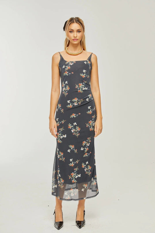 Angelica Black Floral Midi Dress Polyester Silk Square Neck Spaghetti Straps Low-Cut Back Rear Slit Detail Sleeveless Midi Length