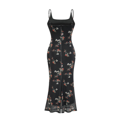 Angelica Black Floral Midi Dress Polyester Silk Spaghetti Straps Square Neck Sleeveless Chic Rear Slit Detail Modern Muse Elegant Sophisticated Graceful