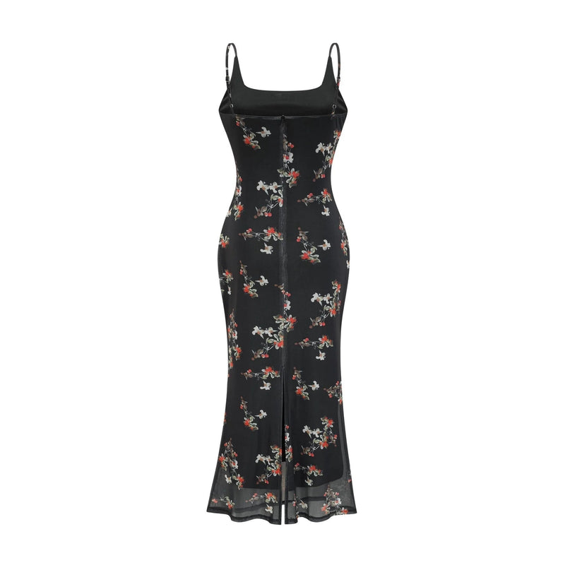 Angelica Black Floral Midi Dress Polyester Silk Spaghetti Straps Square Neck Sleeveless Chic Rear Slit Detail Modern Muse Elegant Sophisticated Graceful